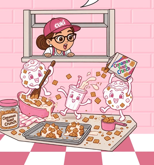 Original CUKI illustration with CUKI characters, a milkshake and the founder at a window in a pink Cinnamon Toast Crunch scene